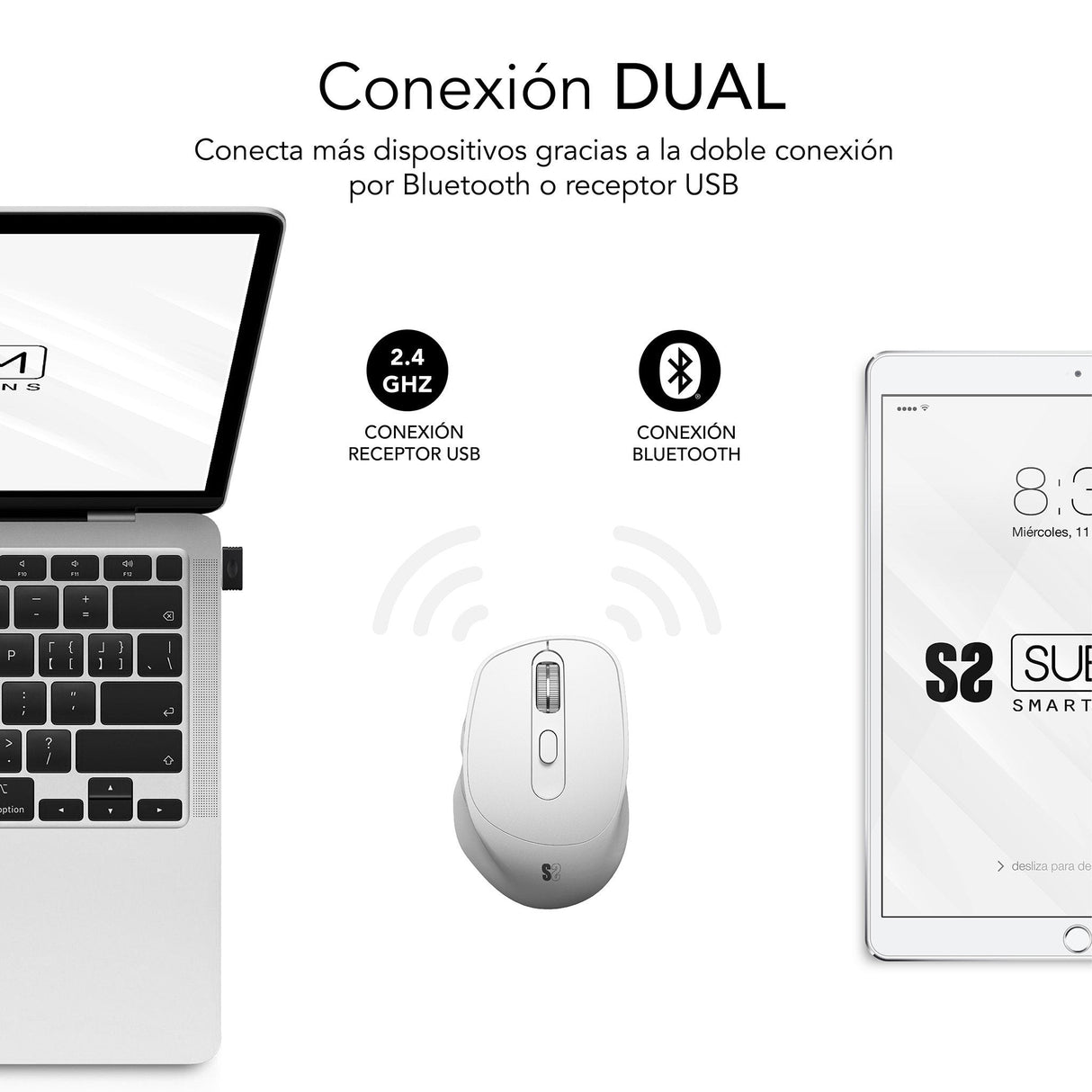 EAN 8436586743024 - SUBBLIM RATON OPTICO DUAL COMFORT ERGO DUAL BATERIA BLANCO ratón Universal mano derecha Bluetooth + USB T imagen 2