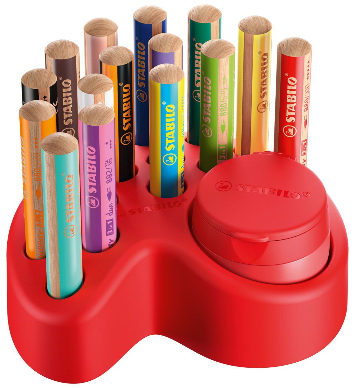 Stabilo Set De Mesa Woddy 3 En 1 15 Lapices De Colores + Sacapuntas Con Deposito - 10x Woody 3 En 1, 2x Woody 3 En 1