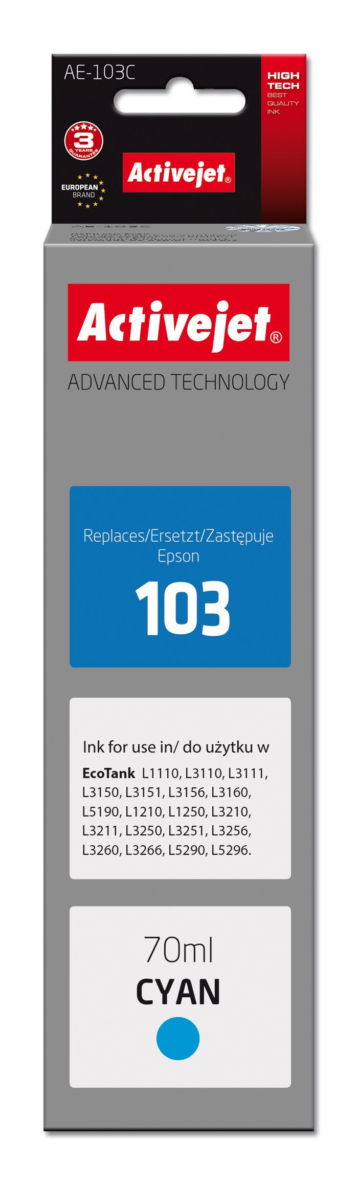 Activejet Tinta Ae-103c (Reemplazo Epson 103 C13t00s24a Supreme 70 Ml Azul)