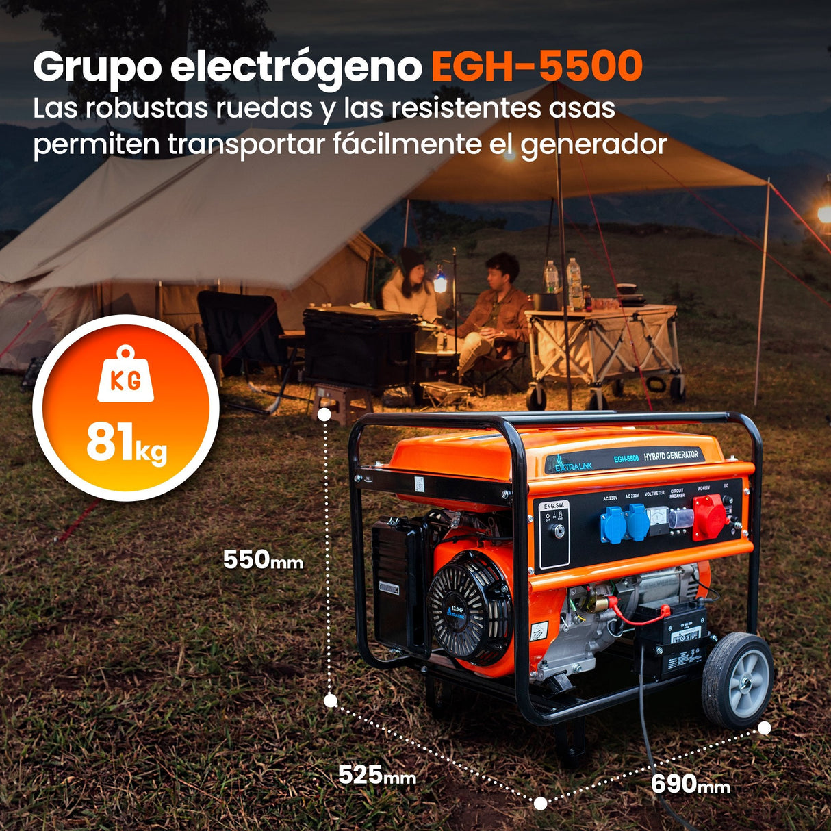 Extralink Ex.30370 Motor-Generador 5000 W 25 L Gasolina Negro, Naranja