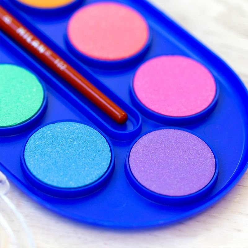 Milan Estuche De 12 Acuarelas Ø30 Mm + Pincel Serie 101 - Mezclable - Colores Fluorescentes Y Metalizados