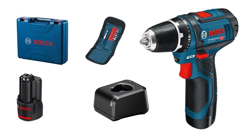 Cordless Screwdriver Bosch Professional Gsr 12v-15, 2 Batteries 12v, 2.0 Ah, Set Of 10 Accessories,