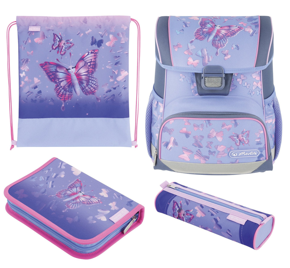 Herlitz Loop Plus Butterfly Paradise Juego De Mochila Escolar Chica Poliéster Lila, Rosa
