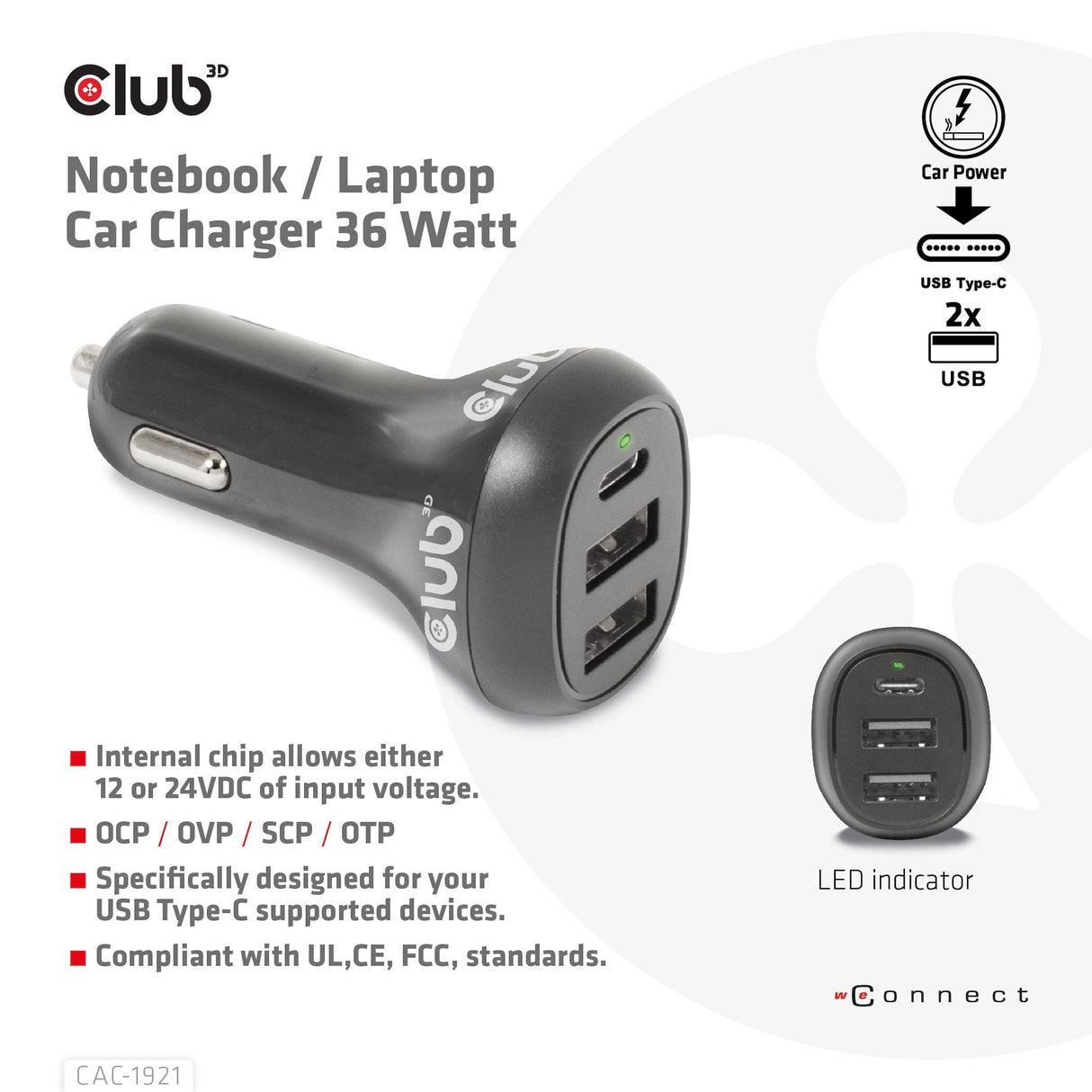 Cargador De Coche Usb Club3d 1xusb C, 2xusb A, 36w, 12 24v
