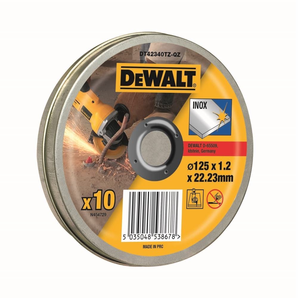 Disco De Corte Dewalt Acero Inoxidable Dt42340tz, Ø 125 Mm 10 Piezas, Diámetro 22,23 Mm, A 60 Tbf Dt42340tz-Qz