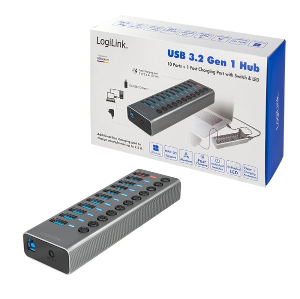 Hub Logilink Usb 3.2 10+1 Port Aluminum Grey Switch For Each Port, On/Off