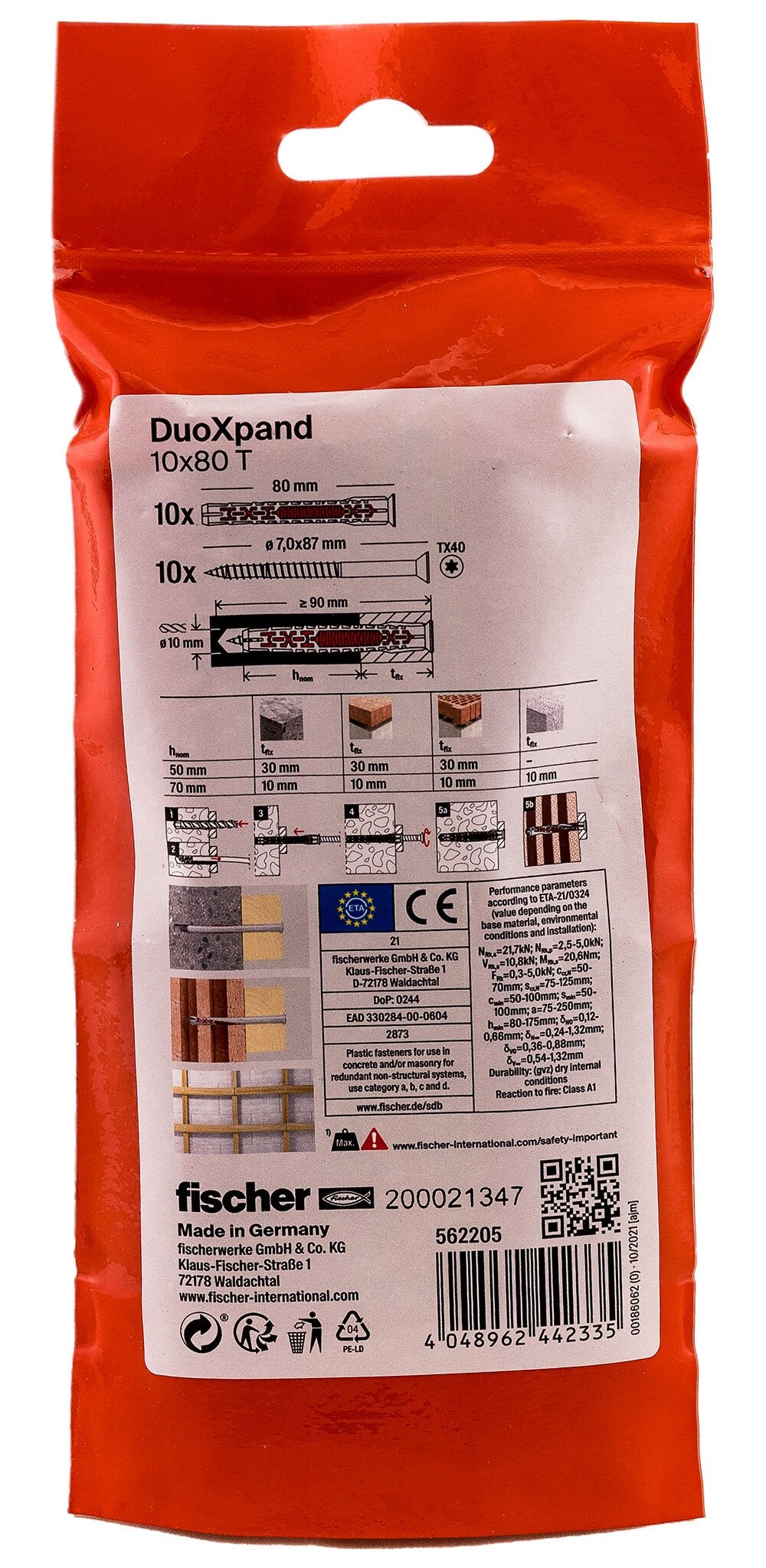 Tacos De Expansión Duoxpand T Ø10 X 80 Mm + Tornillos Ø7 X 87 Mm, Bolsa 10 Uds