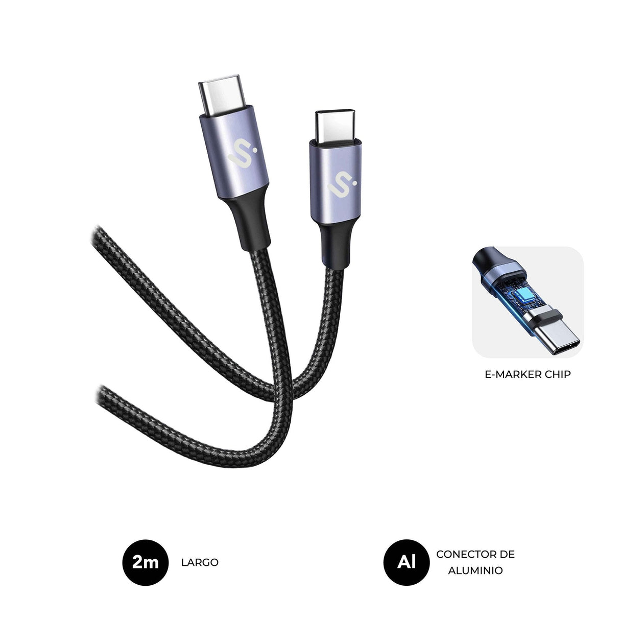 Cable Plus 100w Usb-C/Usb-C 2 M Negro Subblim 100w/ Longitud: 2m/ Usb-C &Harr; Usb-C/ Pd 3.0 Y Qc 3.0,