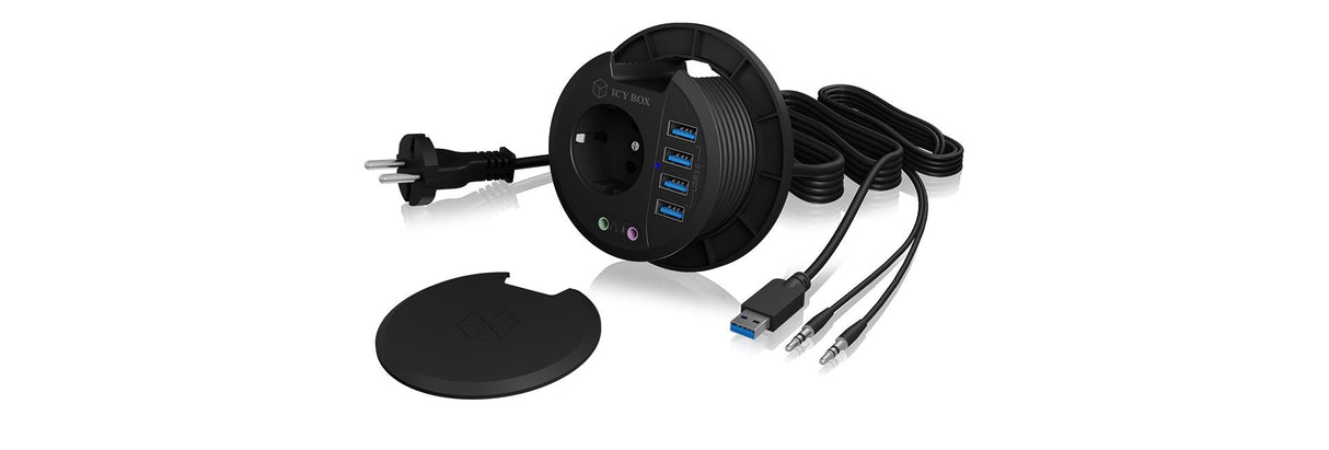 Hub Usb Icy Box Mesa Usb 3.0 Negro 80mm Redondo, 4xusb 3.0, Enchufe, Entrada + Salida De Audio