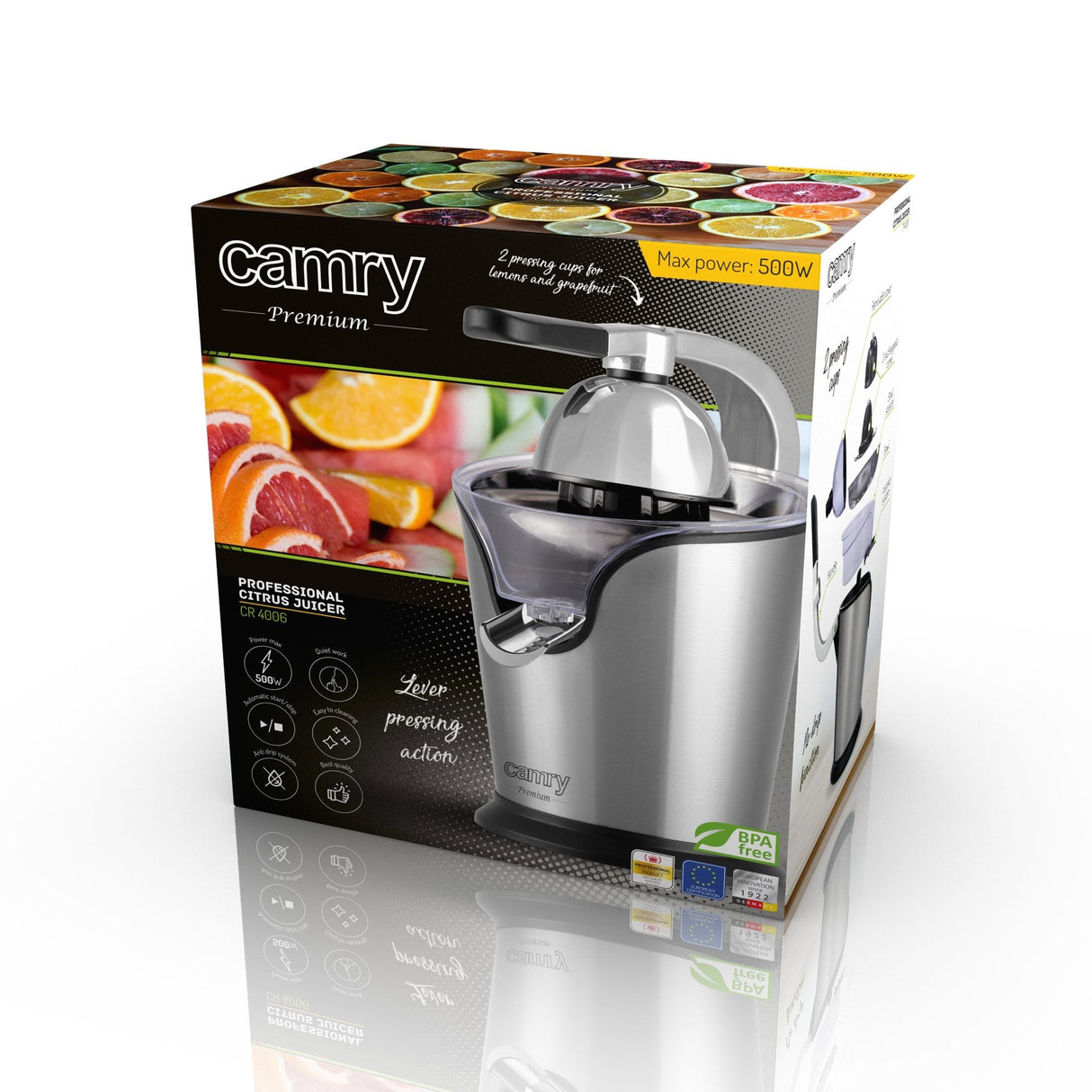 EAN 5902934830287 - Camry Premium CR 4006 prensa de cítricos eléctricos 500 W Negro, Plata imagen 12