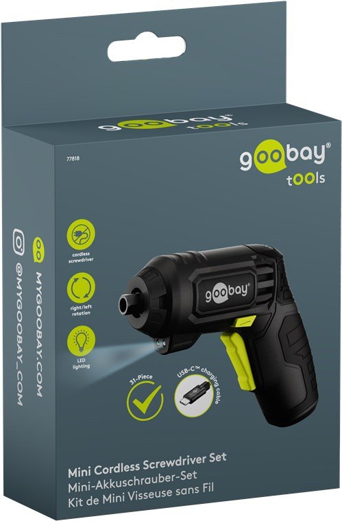 Goobay Mini Cordless Screwdriver Set, 31 Pcs. - Pistol-Gr 200 Rpm Negro, Amarillo