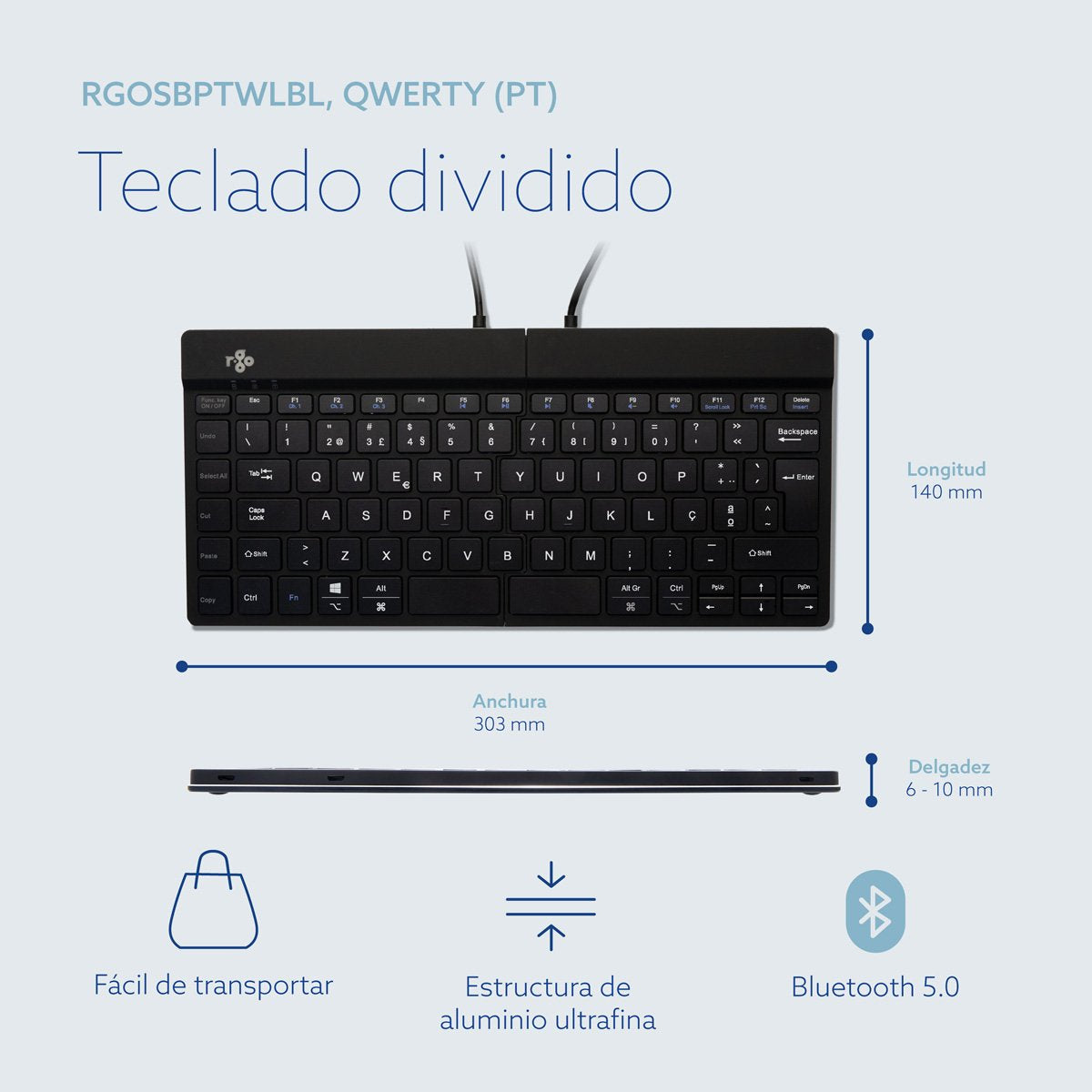 R-Go Split Break Keyboard, Qwerty (Pt), Bluetooth, Black