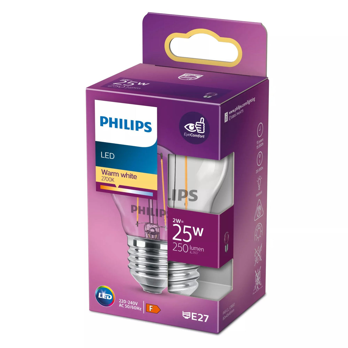 Signify Philips - Bombilla Con Led-Filament - Form: P45 - Transparente Finish - E27 - 2 W (Equivalente 25 W)