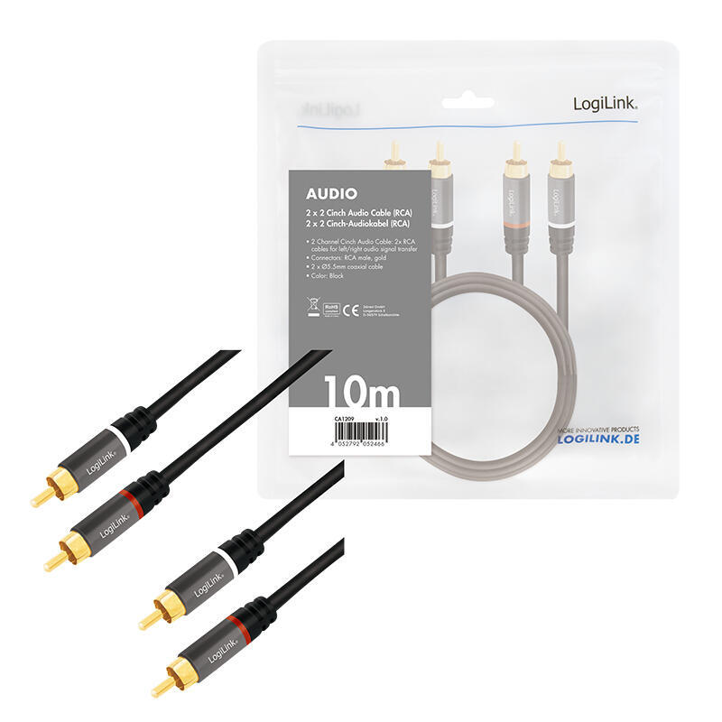 Cable 10,00m 2xrca M 2xrca M Conector Metalico Negro- Rojo Y Blanco Logilink Retail Polybag