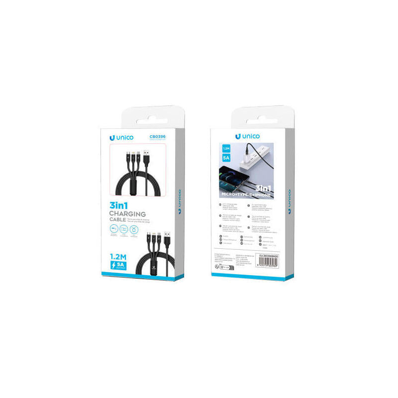 Cable Usb Tipo A A Micro Usb A, Usb C Y Lightning - 3,4a 1,2m Negro
