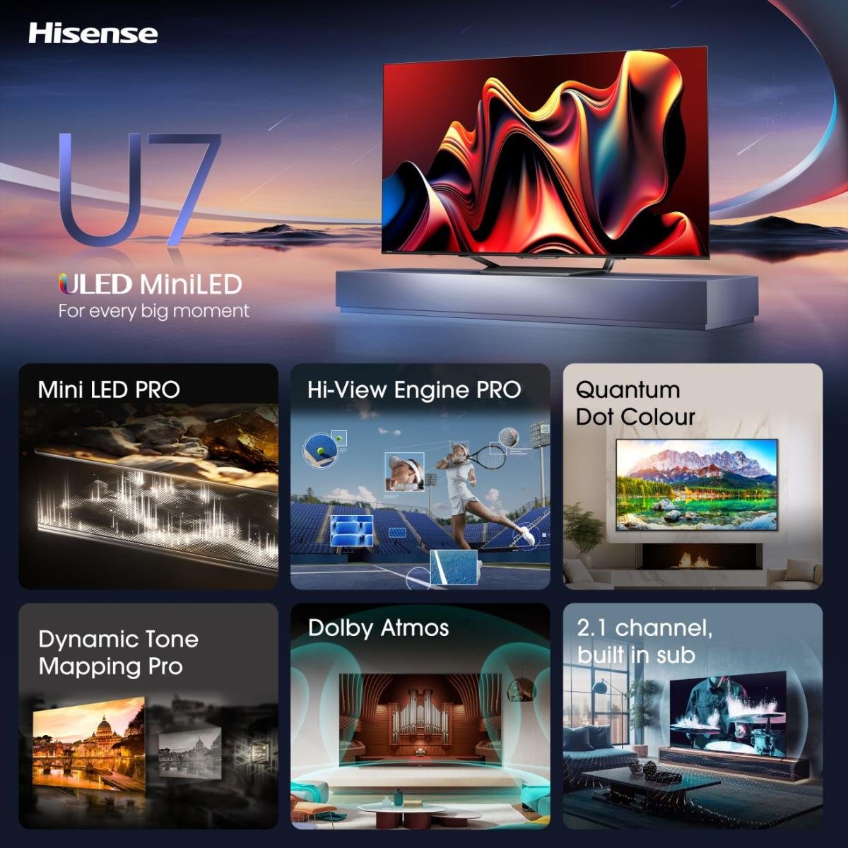 Hisense 55u7nq, Televisor Qled De 139 Cm 55", Negro/Grafito, Ultrahd/4k, Triple Sintonizador, Panel Mini Led, 120 Hz 55u7nq