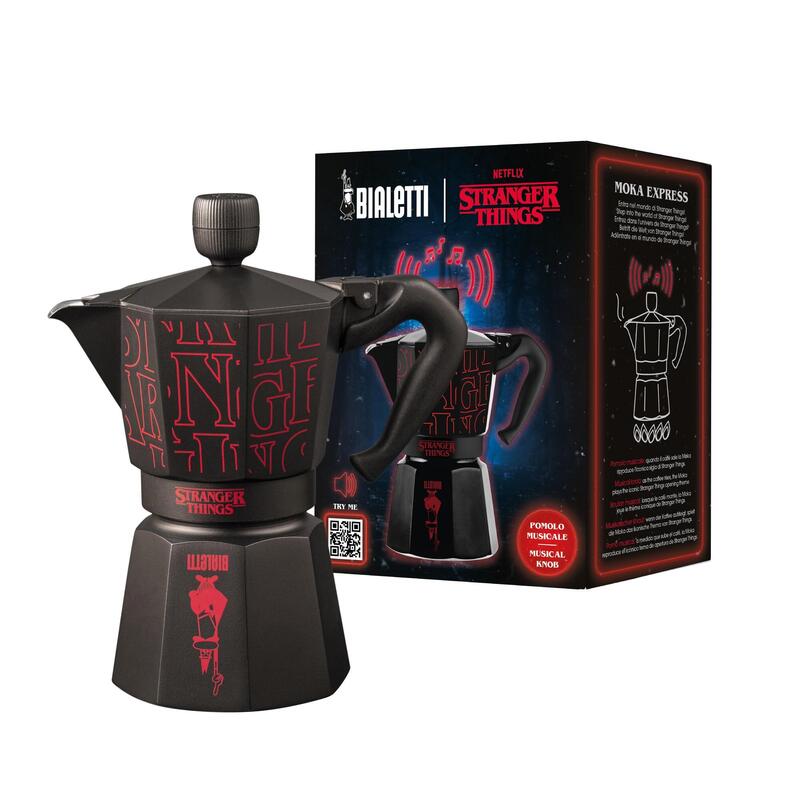 Cafetera Italiana Bialetti Moka Express Stranger Things 6 Tazas (270 Ml), Pomo Musical Con Carga Usb-C, No Apta Para Inducción, Negra
