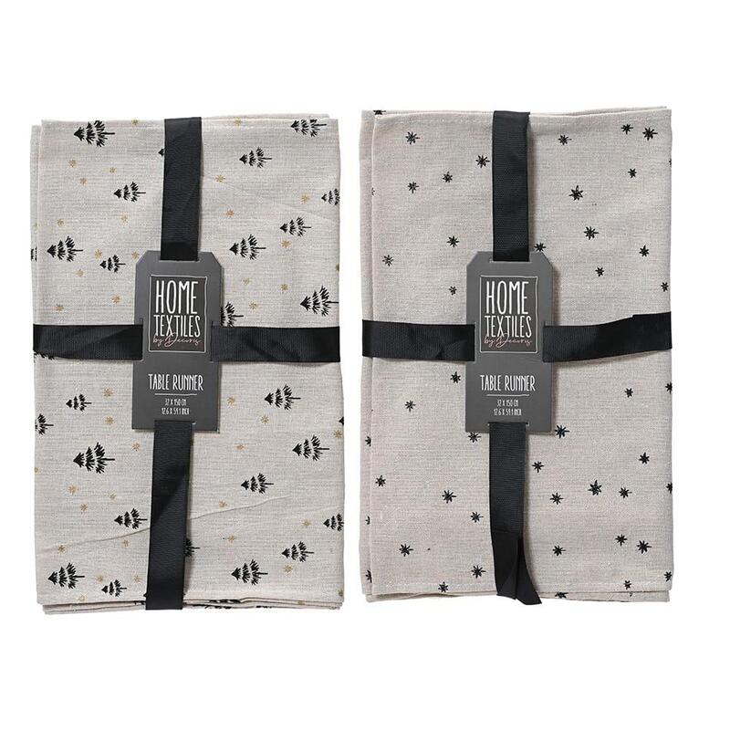 Camino De Mesa Gris Con Estampados En Negro, 2 Modelos, 32x0,5x150cm. Basics