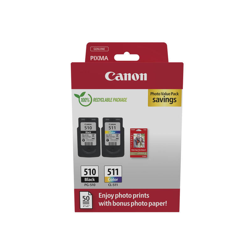 Canon Pg-510/Cl-511 Multipack De 2 Cartuchos De Tinta Originales + 50 Hojas De Papel Fotografico - 2970b017