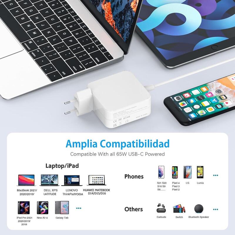Cargador Usb Tipo-C 5-20v-3,25a Max 65w Blanco Compatible Con Todo Tipo De Portátiles