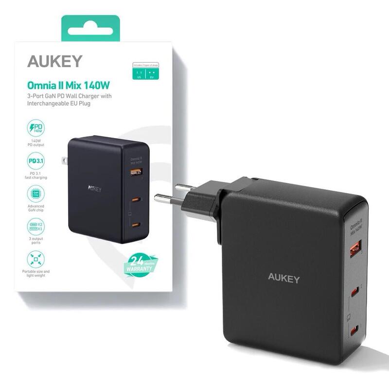 Cargador De Red Aukey Pa-B7o Omnia Ii Gan 2xusb-C 1xusb-A Pd 3.1 Pps 140w Eu/Us/Uk