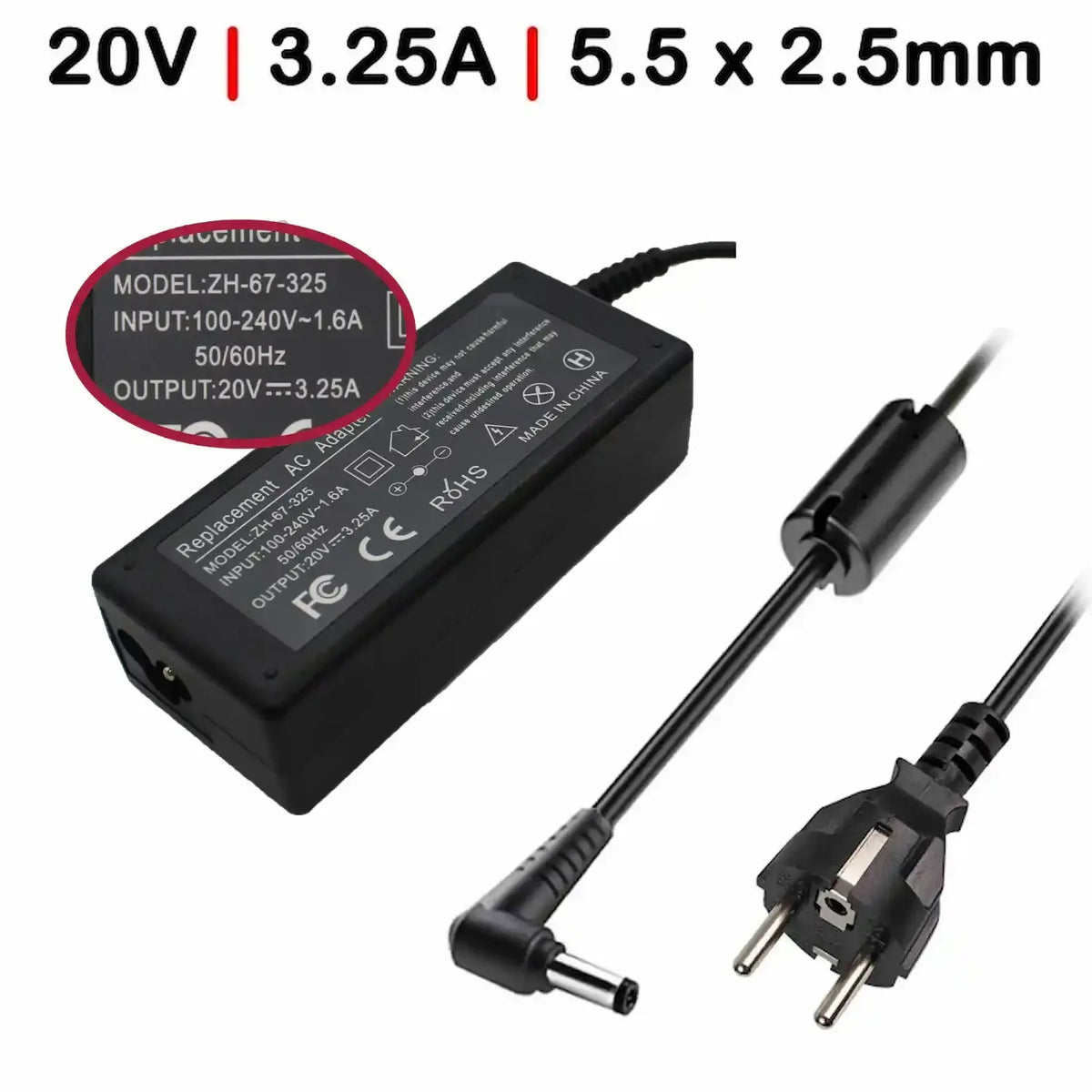 Cargador Para Portátil Fujitsu Lenovo Y Msi 20V 3.25A 5.5X2.5Mm