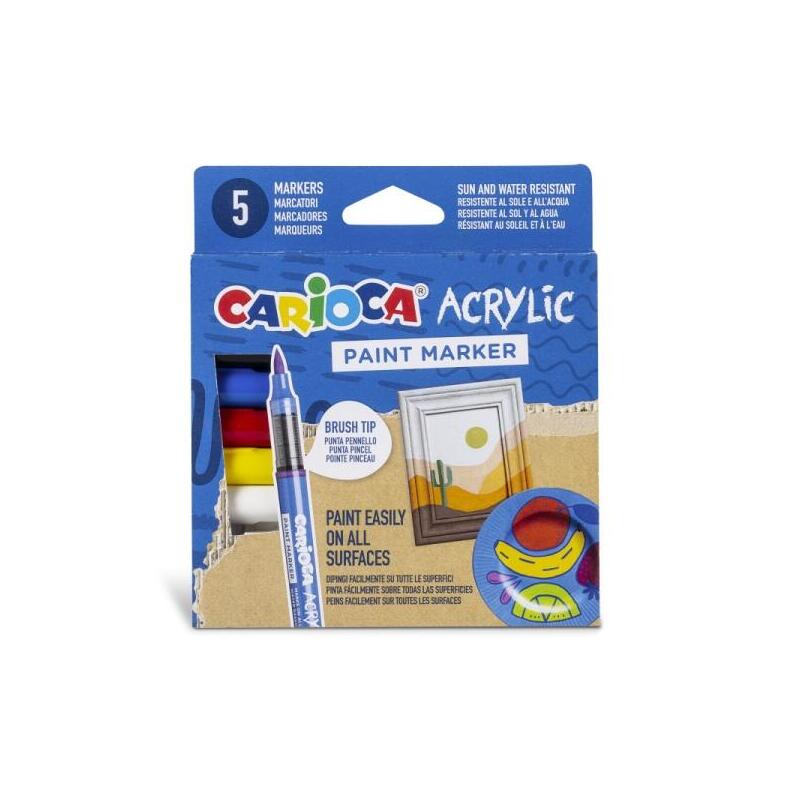 Carioca Acrylic Pack De 5 Marcadores De Pintura Acrilica - Punta Pincel - Tinta A Base De Agua - Alta Cobertura -