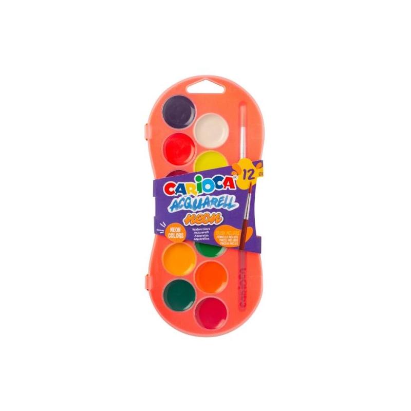 Carioca Acuarell Neon Pack De 12 Acuarelas En Pastillas De Ø 30mm - Brillantes - Facilmente Mezclables - Colores Neon