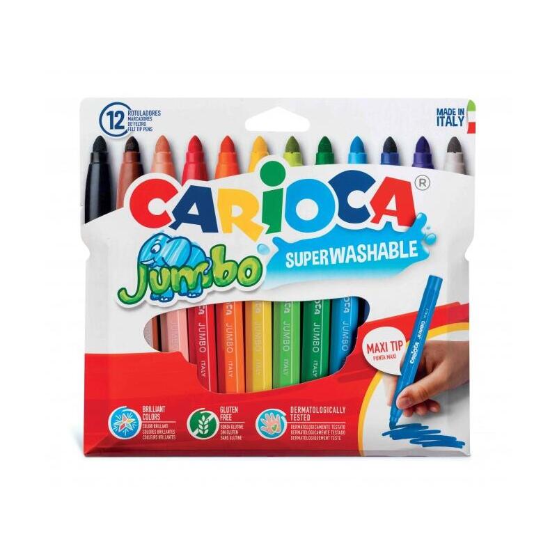 Carioca Jumbo Pack De 12 Rotuladores - Cuerpo Octogonal Maxi - Tinta Superlavable - Punta Maxi 6mm Bloqueada - Tapa