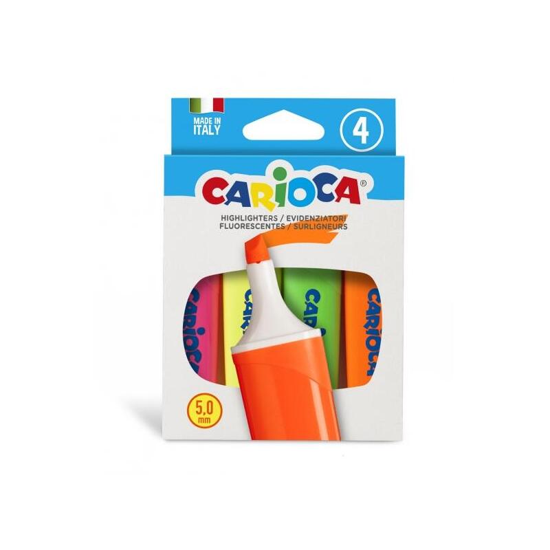 Carioca Memolight Pack De 4 Subrayadores - Punta Biselada De 5mm - Colores Brillantes Y Lavables - Tinta A Base De Agua