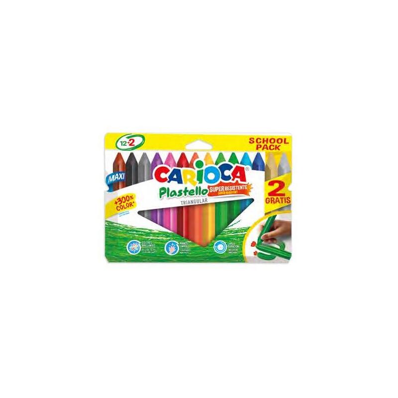 Carioca Plastello Maxi Pack De 12+2 Plasticeras Triangulares - Brillantes Y Lavables - Colores Surtidos