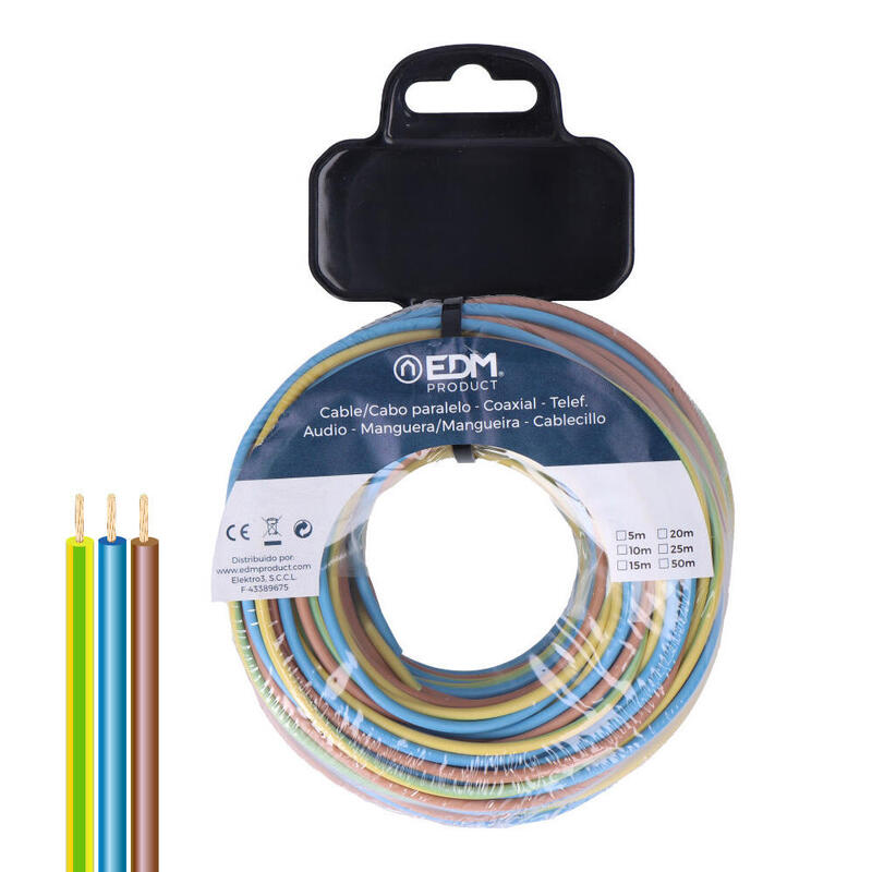 Carrete Cablecillo Trenzado H07z1-K 3 G 2,50 Mm² 3 Colores, 20 M