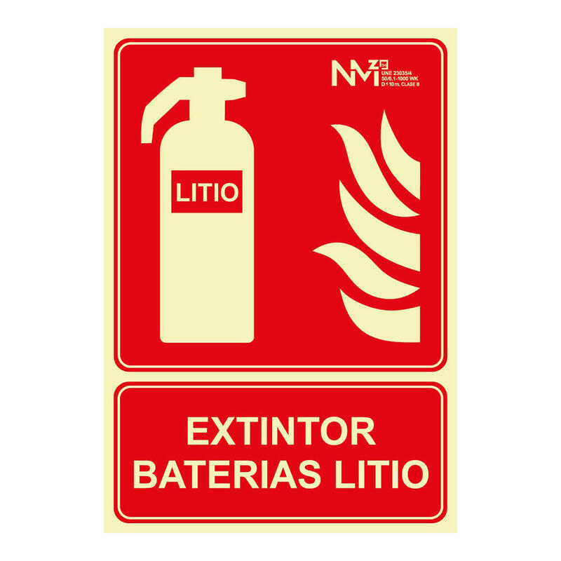 Cartel De Extinción "Extintor" De Baterias De Litio Clase B (0,7 Mm) 210 X 300 Mm