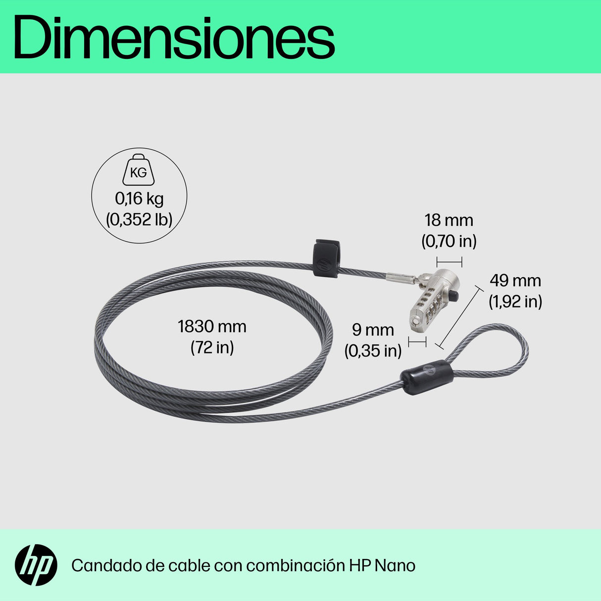 EAN 0196337975811 - HP Nano Combination Cable Lock cable antirrobo Acero inoxidable 1,83 m imagen 2