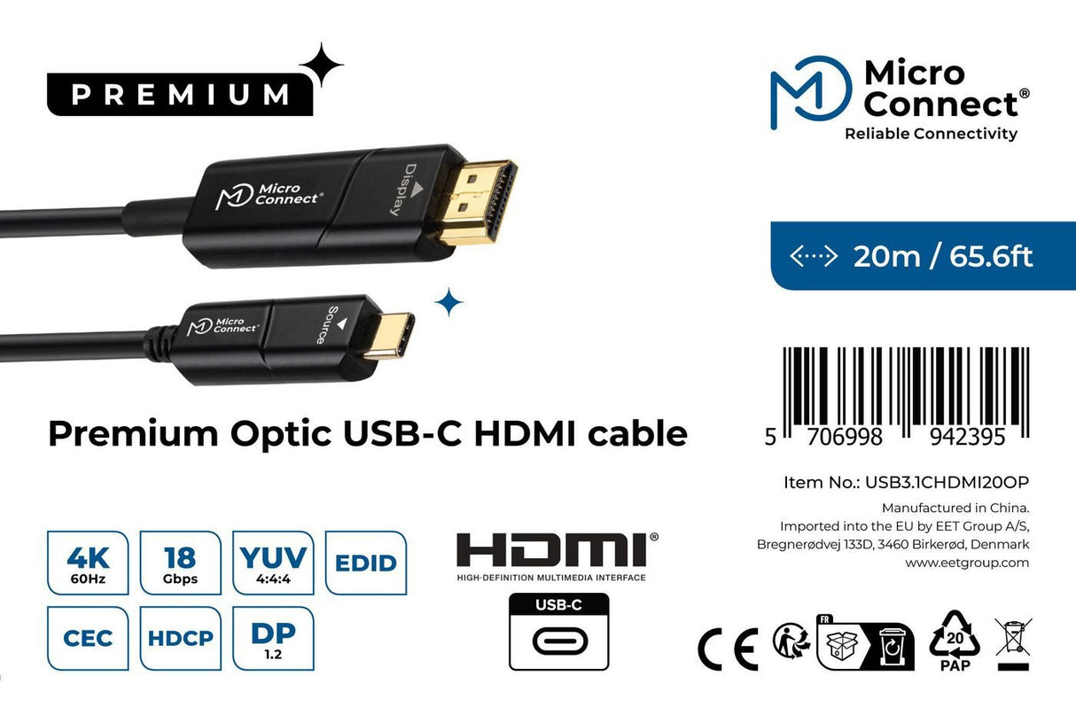 EAN 5706998942395 - Microconnect USB3.1CHDMI20OP adaptador de cable de vídeo 20 m USB Tipo C HDMI Negro imagen 3