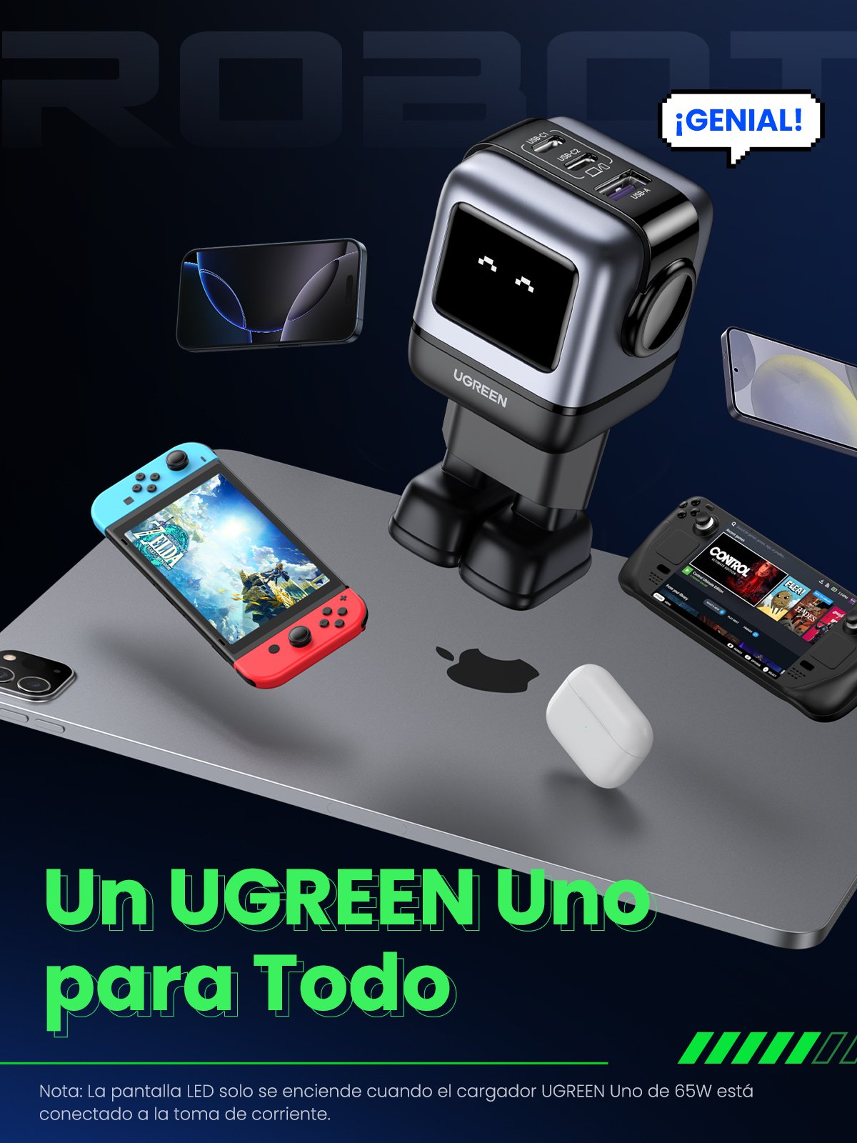 Cargador Ugreen Usb-A+2*Usb-C 65w Gan Fast
