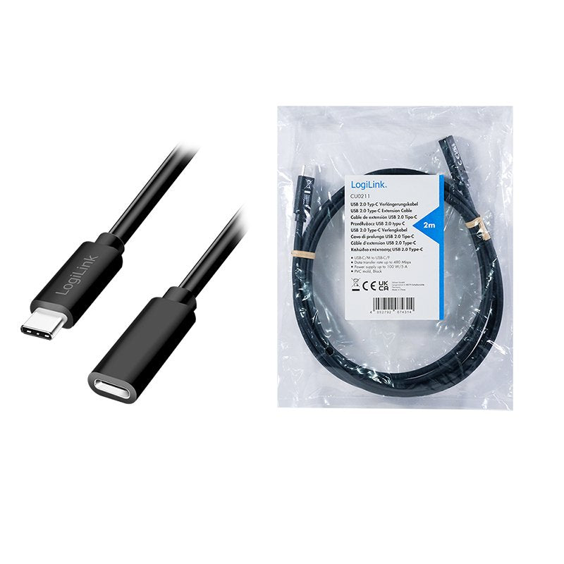 Usb 2.0 Type-C Cable, C M To C F, 480 Mbps, 100w, Negro, 2 M