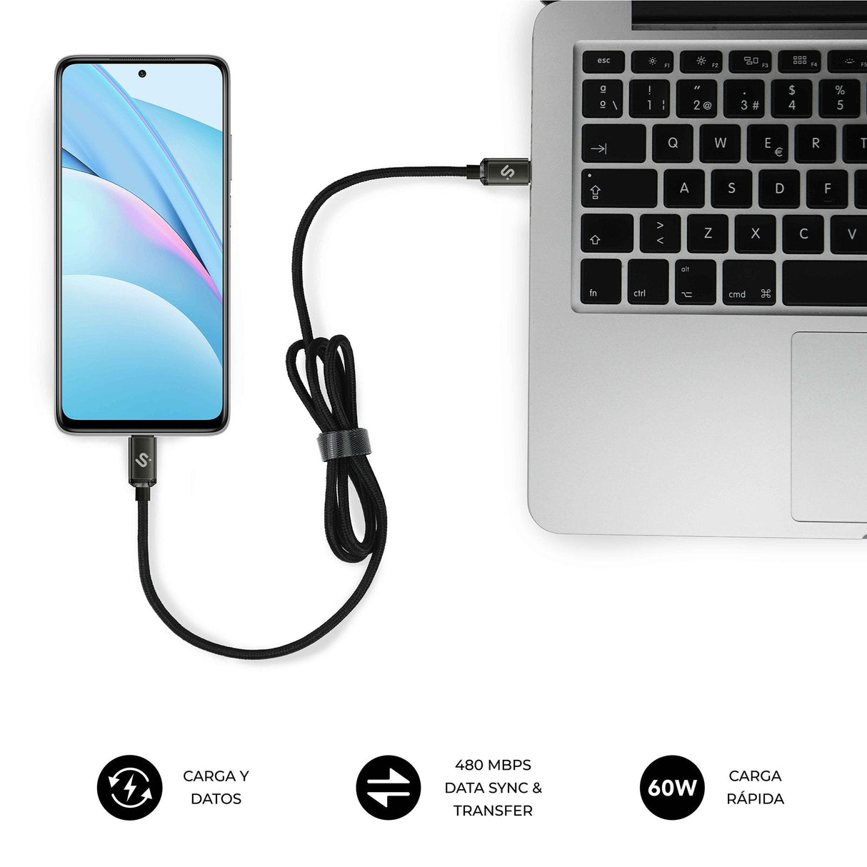Cable Optimus 60w Usb-C/Usb-C 2 M Negro Subblim 60w/ Longitud: 2m/ Usb-C &Harr; Usb-C/ Pd