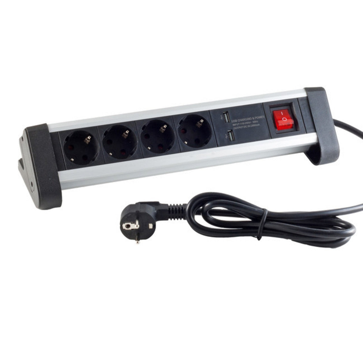Regleta De Mesa De 4 Tomas + 2 Usb Función De Carga Aluminio Negro.