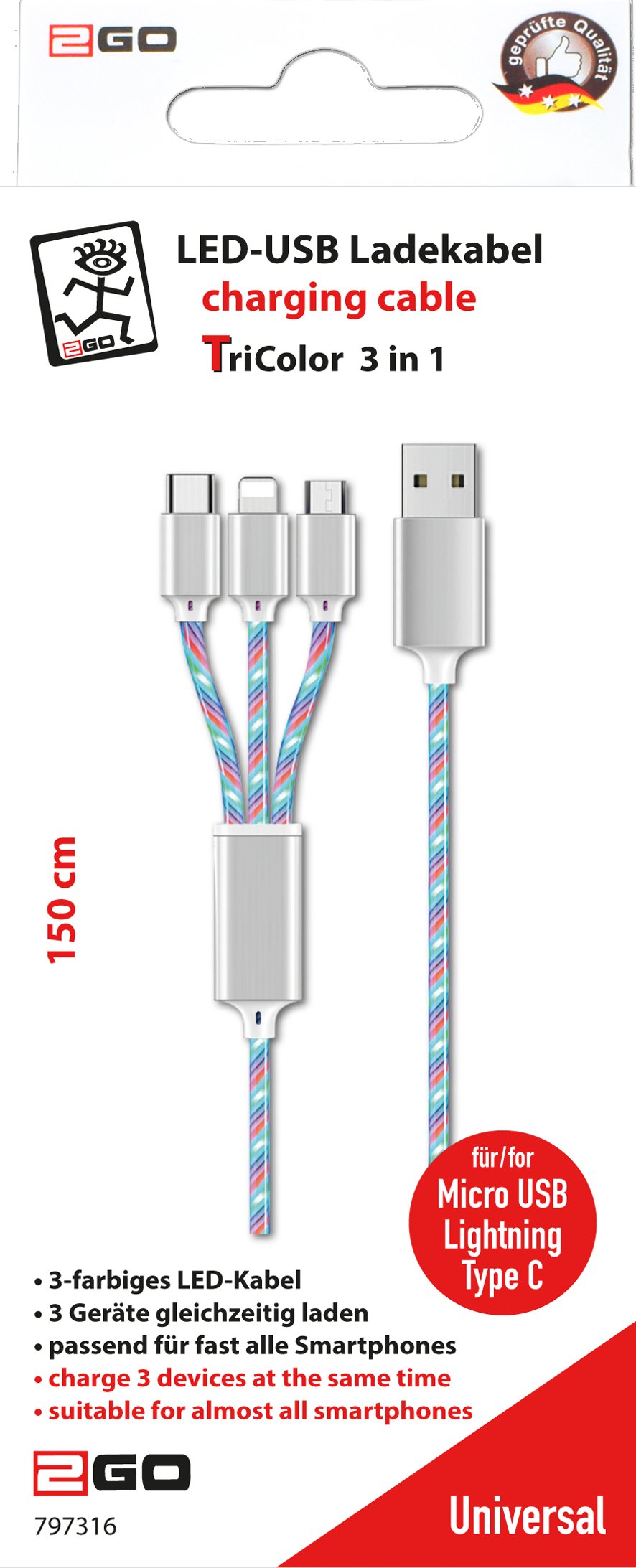 2go 3in1 Usb Led Cable Azul 150cm Micro-Usb