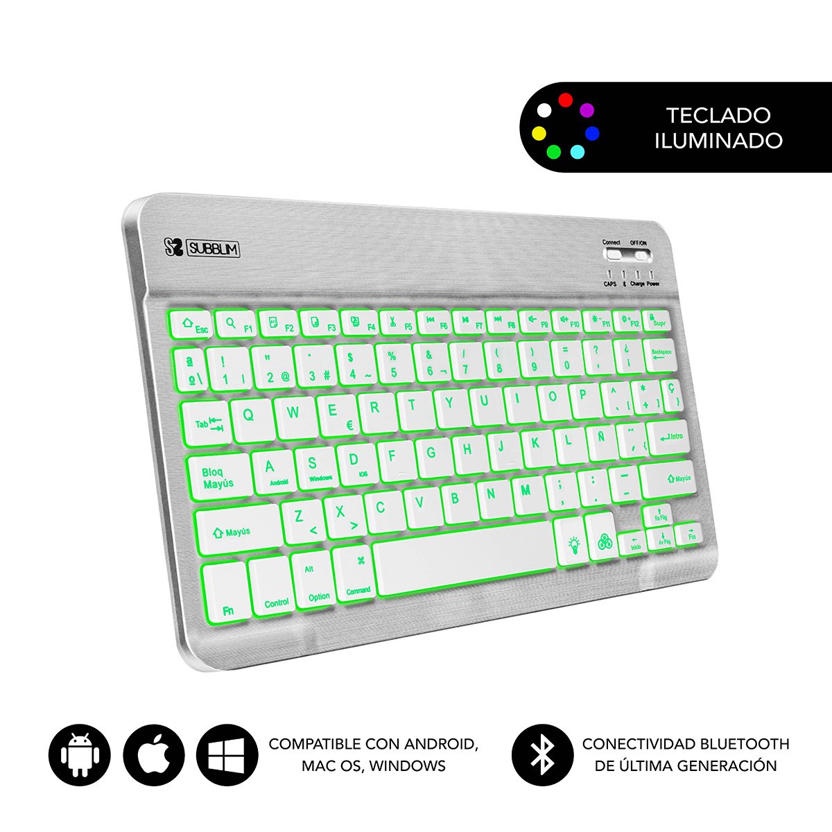Teclado Bluetooth Subblim Sub-Kbt-Smbl30 Silver Bt3.0 Teclas Iluminadas Batería 420mah Compatible Multidispositivo