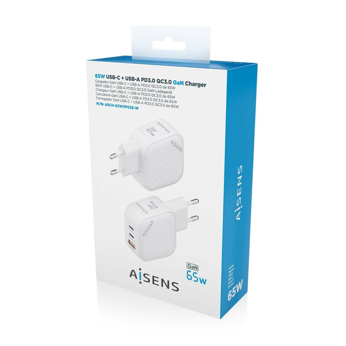 Aisens Cargador Gan 65w, 2xusb-C Pd3.0 Qc4.0, 1xusb-A Qc3.0, Blanco