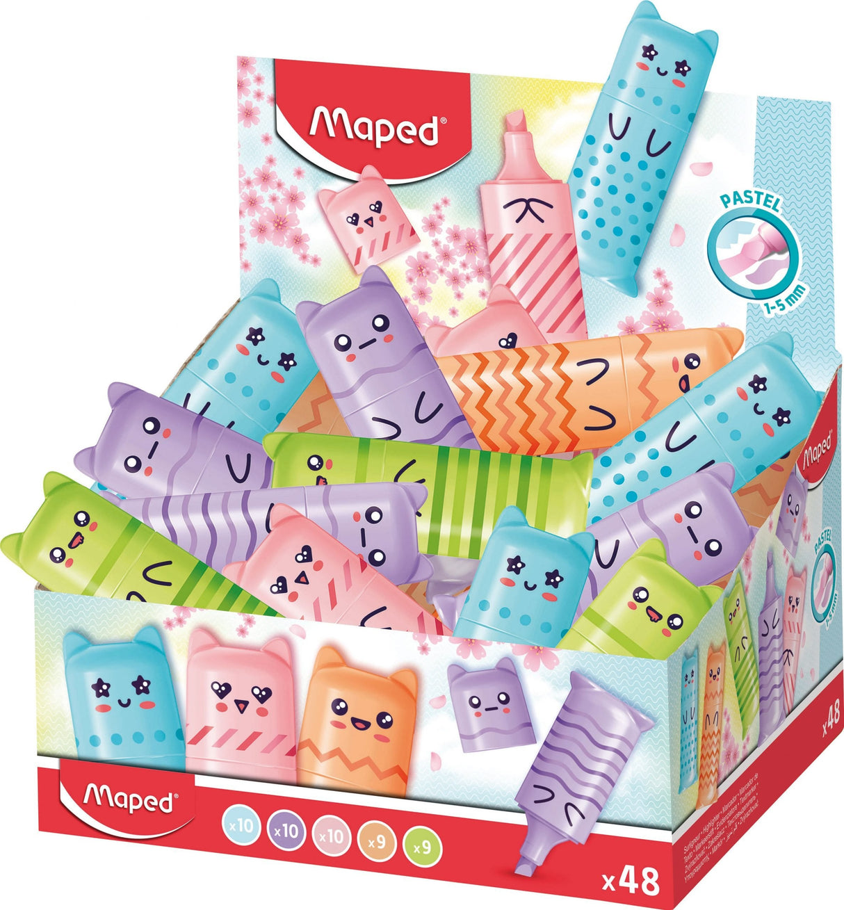 Maped Kawaii Expositor Con 48 Mini Marcadores Fluorescentes Pastel - Divertidos Diseños Kawaii - Trazo De 1 A 5mm -