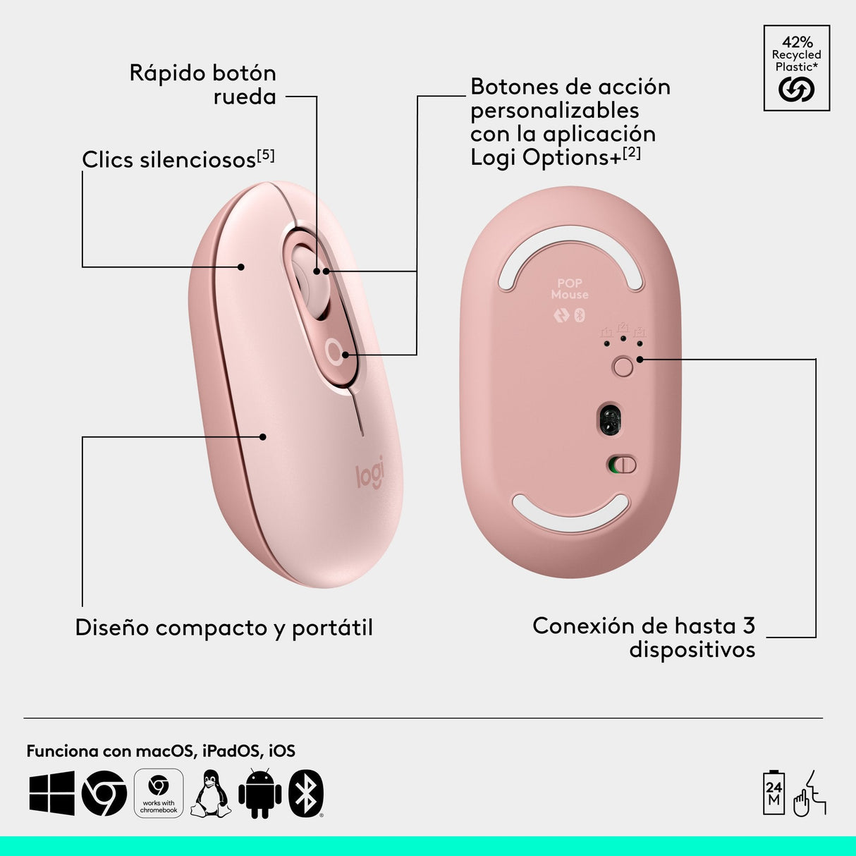 Teclado Español + Ratón Logitech Pop Icon Combo, Bluetooth - Rosa
