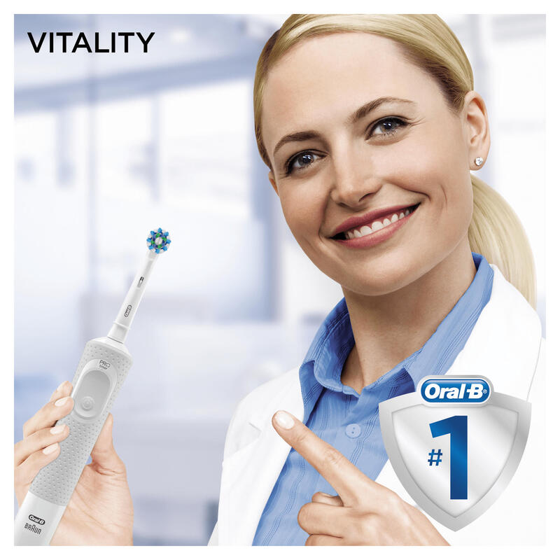 Cepillo Dental Braun Oral-B Vitality D100 Crossaction White Filamentos Inclinados A 16º Limpieza 2d Oscila Y Rota Temporizador En El Mango