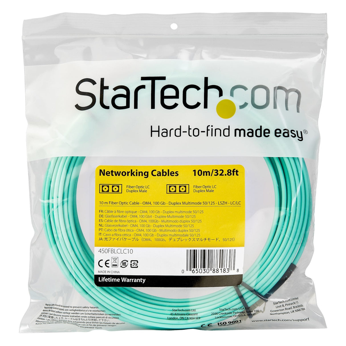 Startech.Com Cable De 10m De Fibra Óptica Multimodo Dúplex 50/125 Lc A Lc - Aqua - Om4 - Lszh, 10 M, Lszh, Om4, Lc, Lc, Aqua