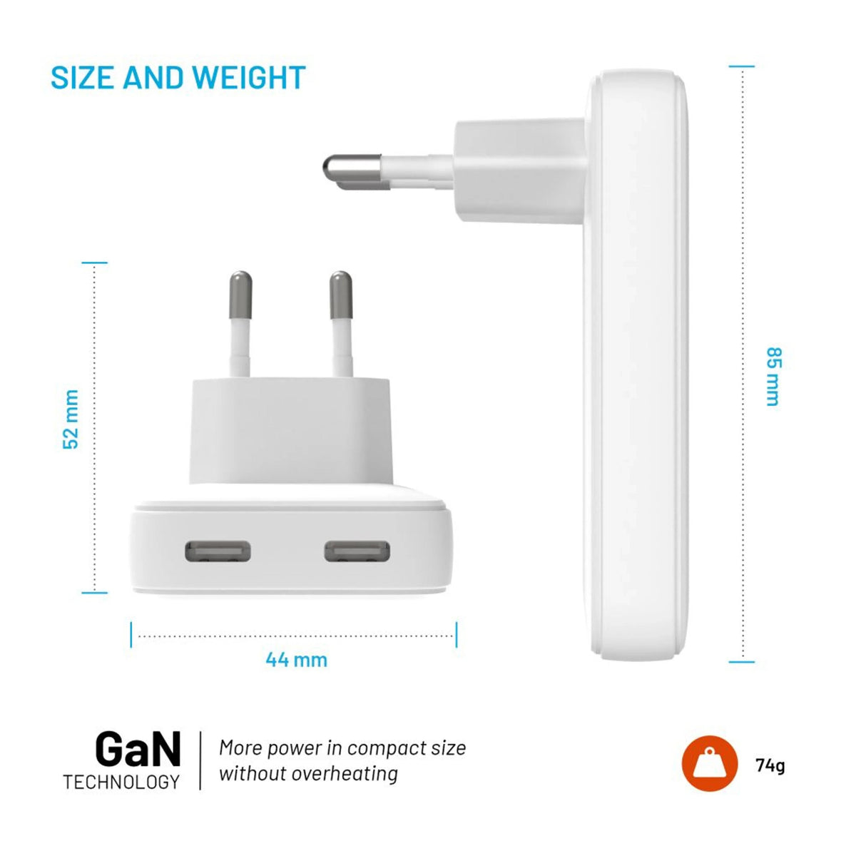 Fixed Slim 2xusb-C Travel Charger, Gan, Pd Support, 45w, White
