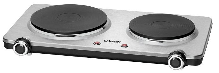 Hornillo Eléctrico Doble, Zona Cocinado 18,5 - 15.5 Cm, 2 Termostatos Regulación Continua, Bomann, Plata, 1500-1000, Dkp5033