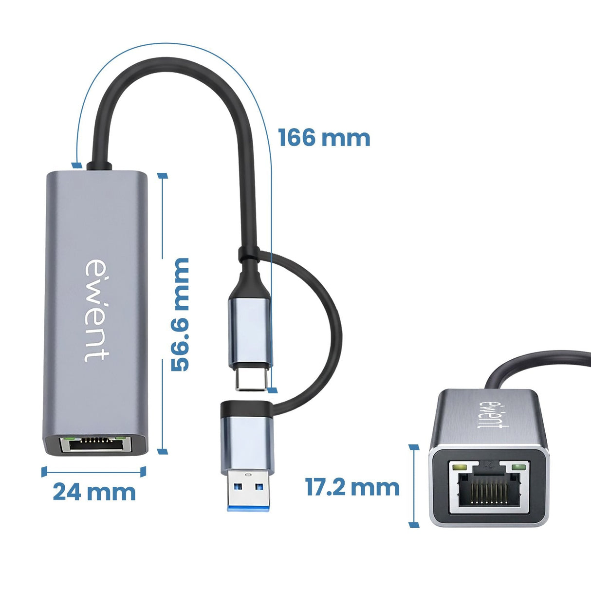 Adaptador Ethernet Ewent Ew9819 Rj45 Usb-C Usb-A Gigabit 1000mbps