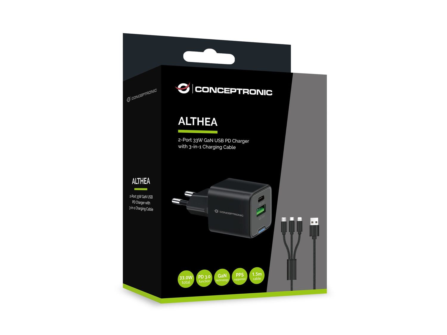 Conceptronic Cargador 2port 33w,1xusb-C,1xusb-A +3-In-1 Sw